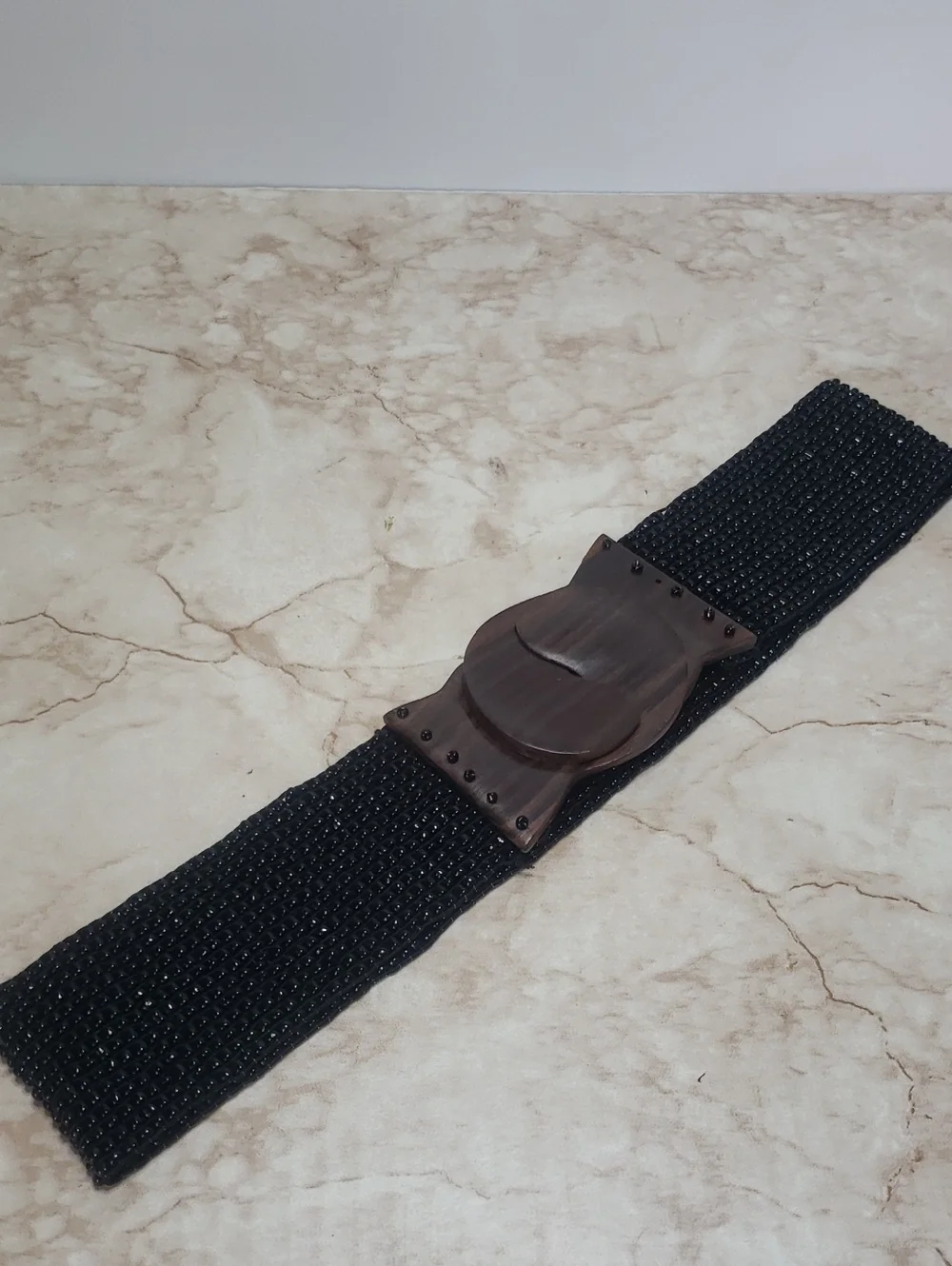 Black Stretch Woven Beaded Belt with Wood-Tone Buckle